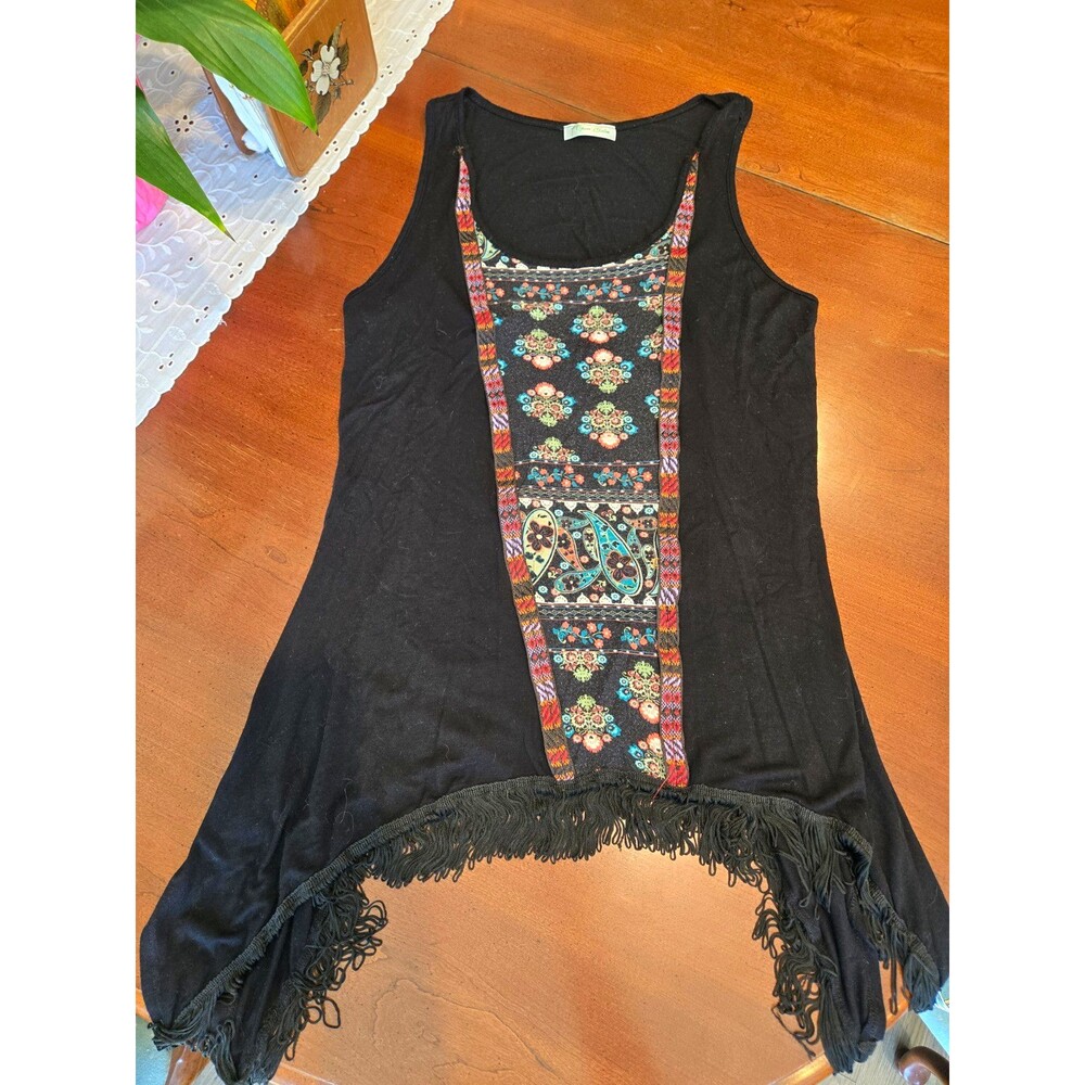 Open Gates Women's Black Floral Scoop Neck Sleeveless Fringe Tank Top S/M